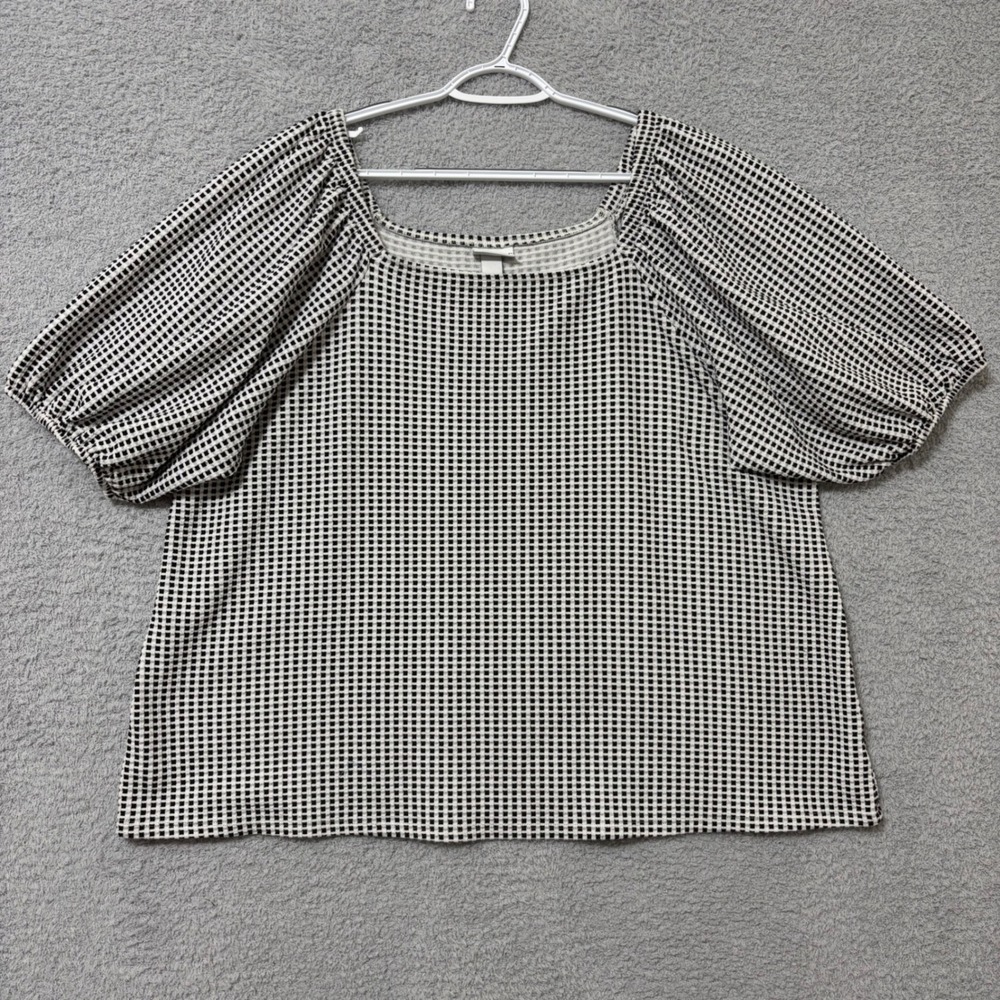 Casual Gingham Puff Sleeve Square Neck Blouse Black White Top Plus Size 3X